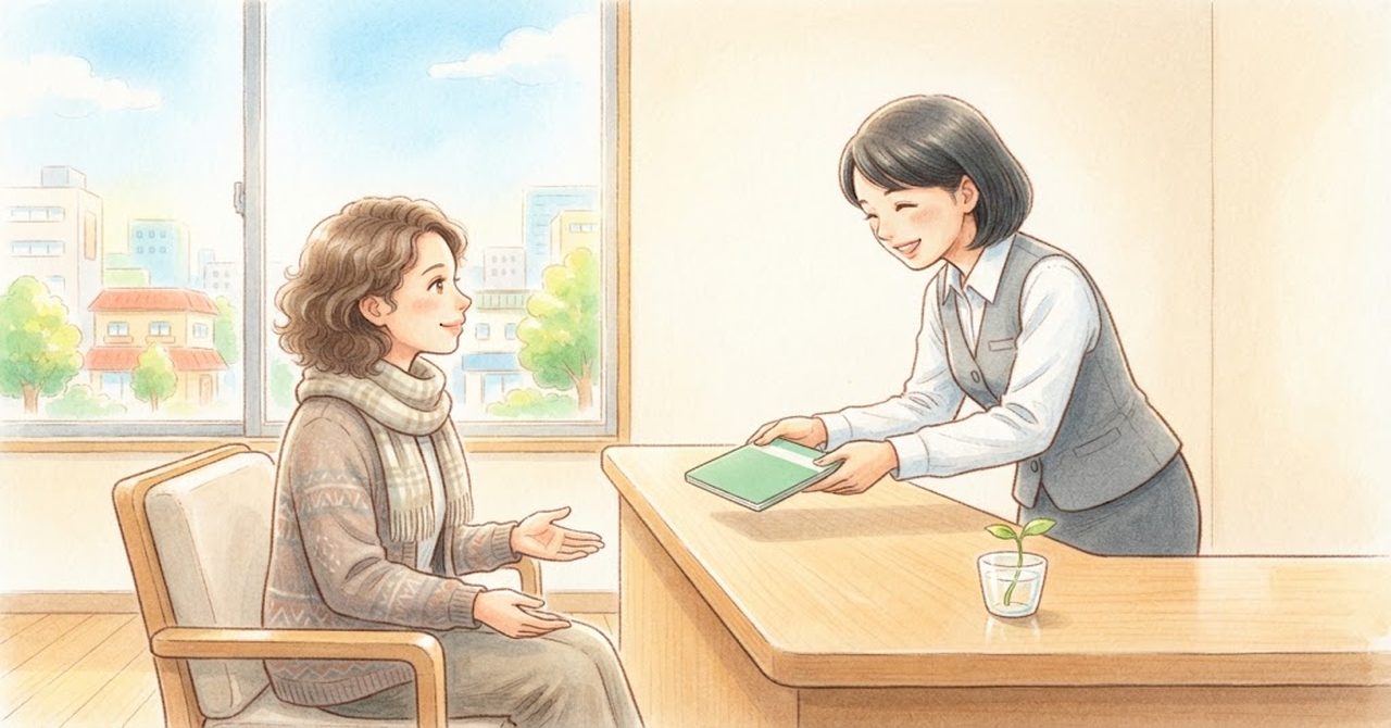 銀行の窓口で、行員から通帳を受け取る場面の絵（文字なし）