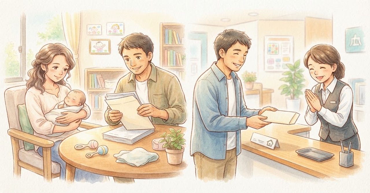 赤ちゃんの書類をそろえて、窓口に出す流れの絵(文字なし)