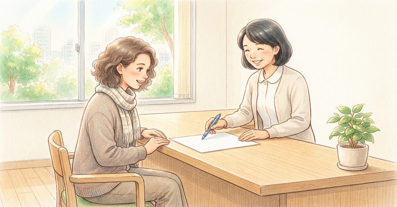 区役所の窓口で、職員に書類の書き方を教えてもらう場面の絵(文字なし)
