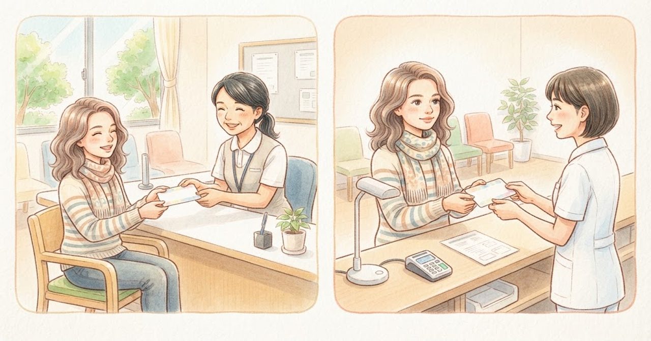 窓口で手続きをしてカードを受け取り、病院の受付で見せる2つの場面の絵(文字なし)