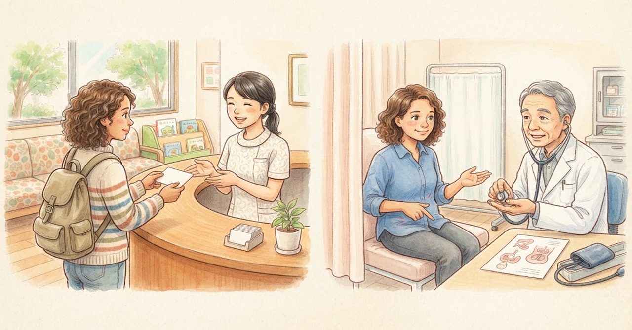 受付で保険証を出し、診察室で痛い場所を指さして医師に伝える2つの場面の絵(文字なし)