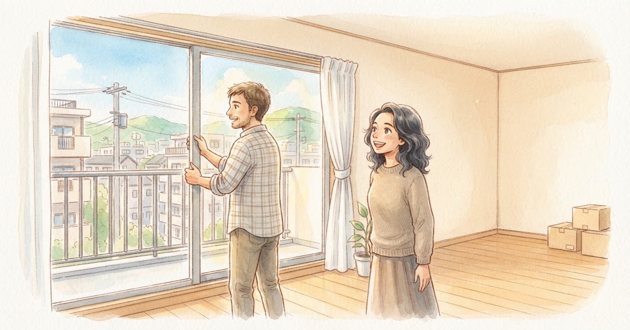 家具のない明るい部屋で、外国人の夫婦が内見し、夫が窓を開けて外を見ている絵(文字なし)