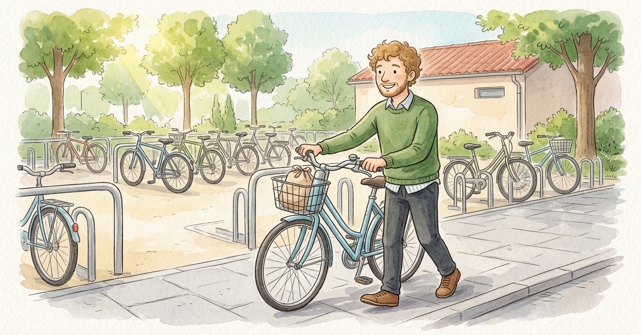 A man pushing his bicycle with both hands into a bicycle parking area