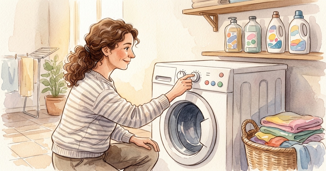 A woman turning the dial of a washing machine at home