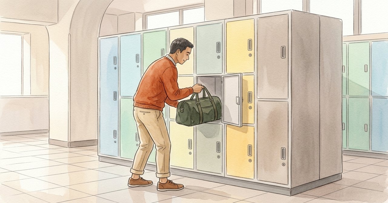 A person putting a bag into an open coin locker at a station