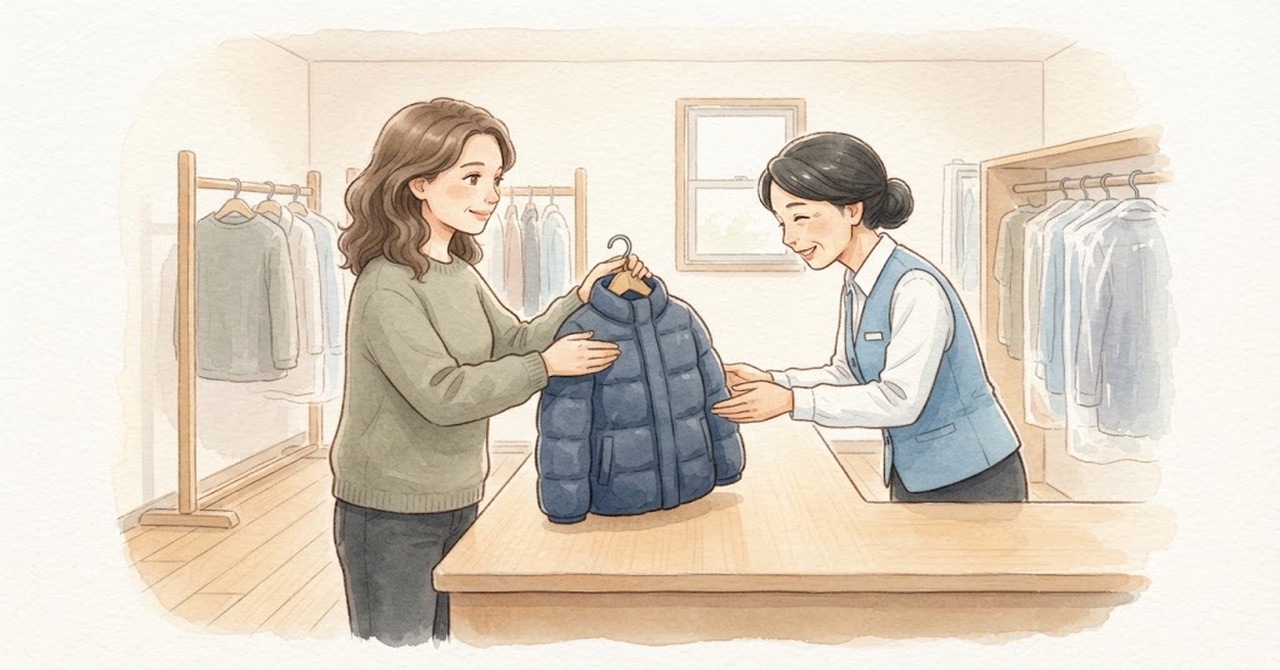 A customer handing a down jacket on a hanger to a clerk at a dry cleaning shop counter