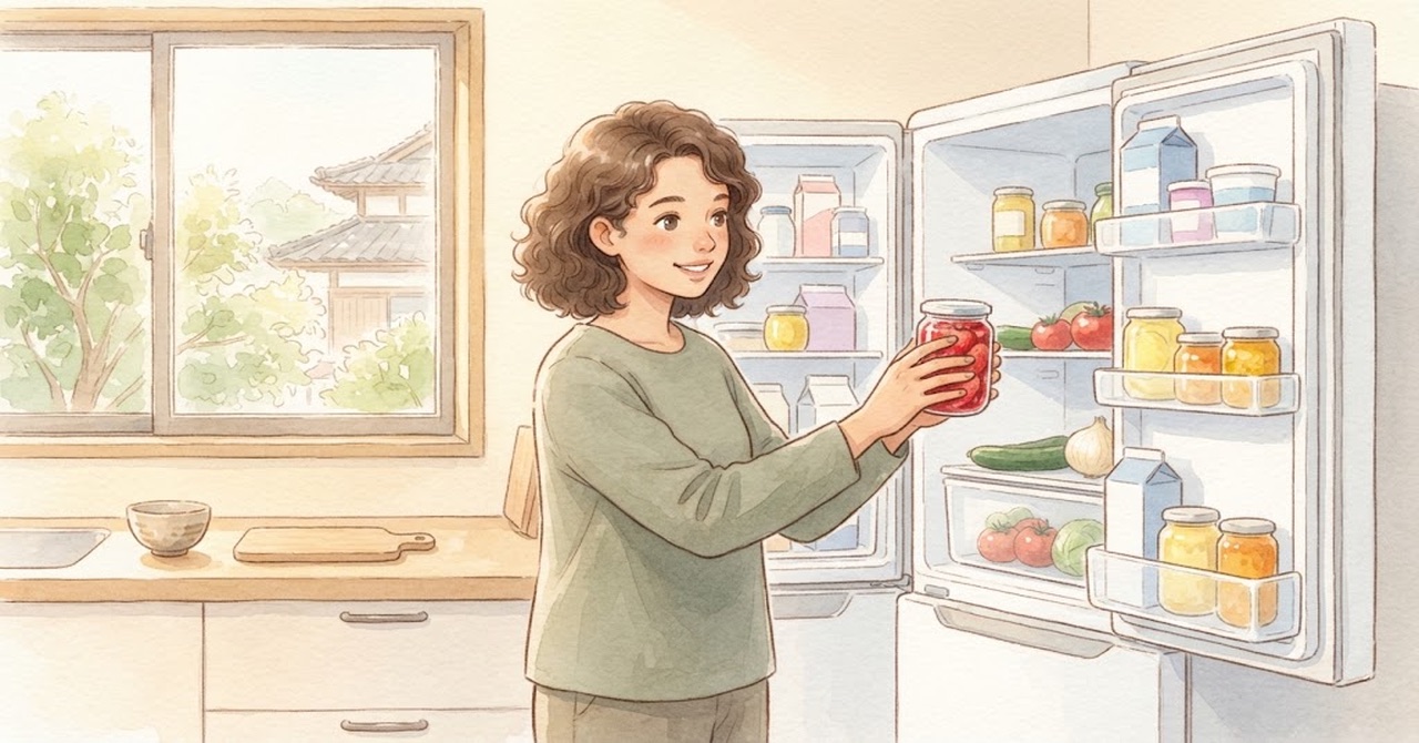 A woman taking a jar out of the refrigerator with both hands in a kitchen