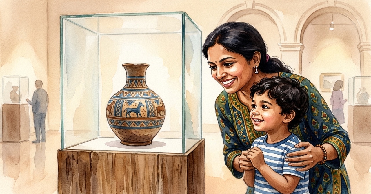A parent and child looking at a pot in a glass case at a museum