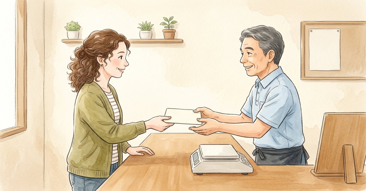 A person holding an envelope at a post office counter