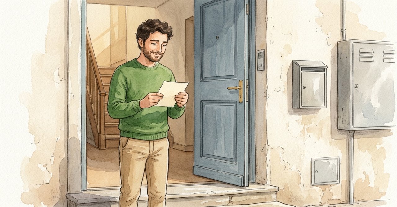 A person checking a paper slip outside the entrance of a house