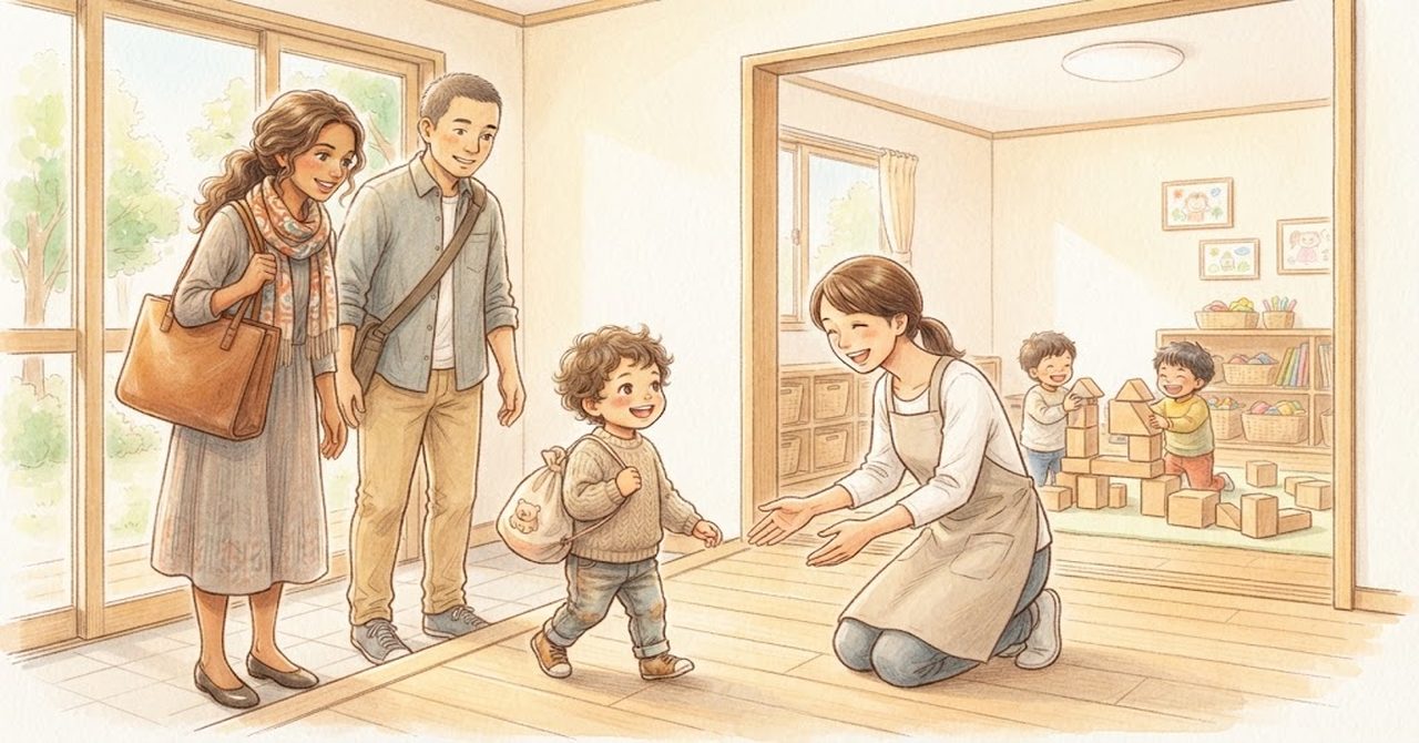 保育園で先生に子どもを預けてあいさつする家族の絵(文字なし)