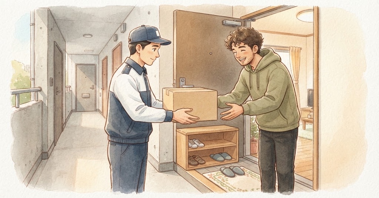 アパートの玄関で、制服の配達員が段ボール箱を渡し、外国人の若い男性が笑顔で受け取る絵(文字なし)