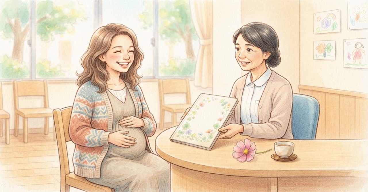 保健センターの窓口で妊娠届を出し、母子健康手帳を受け取る場面の絵（文字なし）