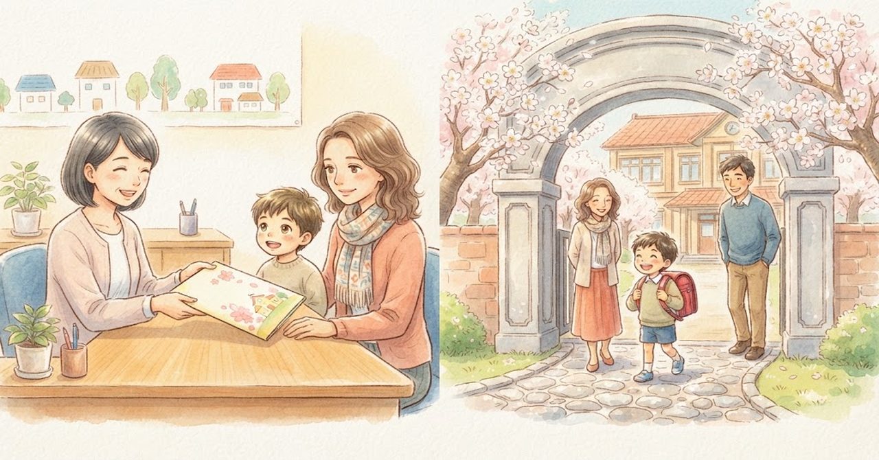 窓口で就学の手続きをして、ランドセルの子と校門をくぐる親子の絵(文字なし)