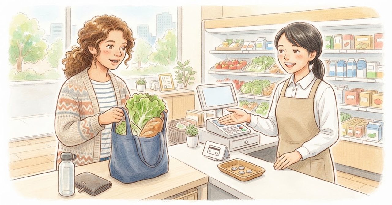 スーパーのレジでマイバッグを出し、店員と話す場面の絵(文字なし)