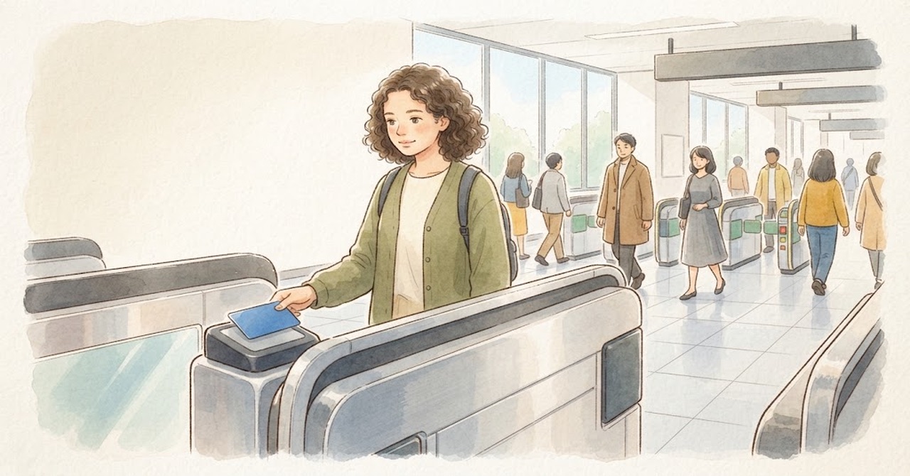 駅の改札で、外国人の女性が IC カードをかざして通る絵（文字なし）